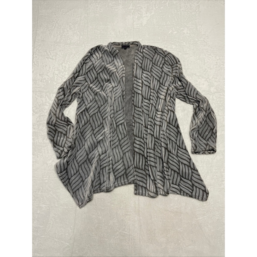 Effecti‎ Woman Grey Woven Pattern Fuzzy Cardigan Sweater 1X Cozy Granny Lounge